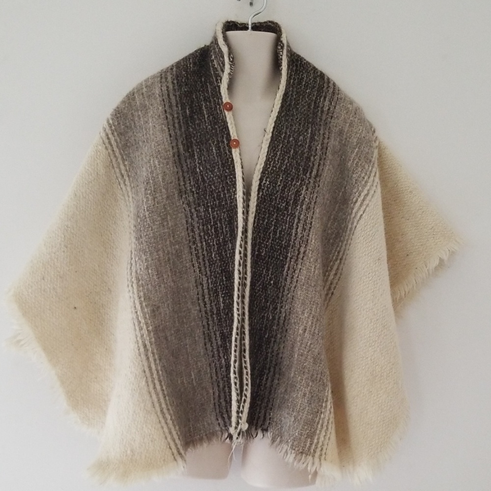 Wool Poncho Shawl Shoulder Throw Cream Brown Warm